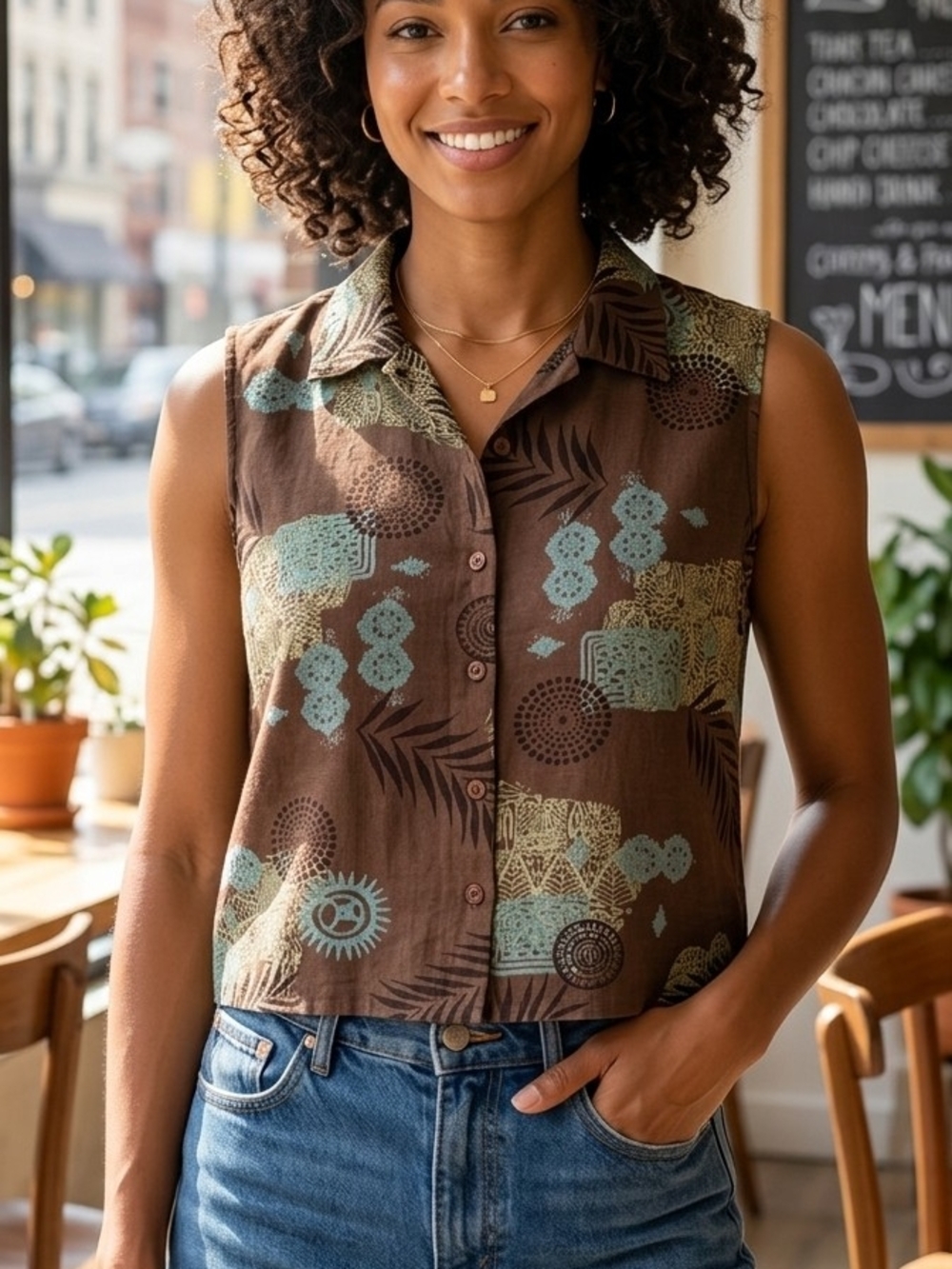 Lemongrass Brown Printed Sleeveless Button-Front Camisole.       (WS 57)